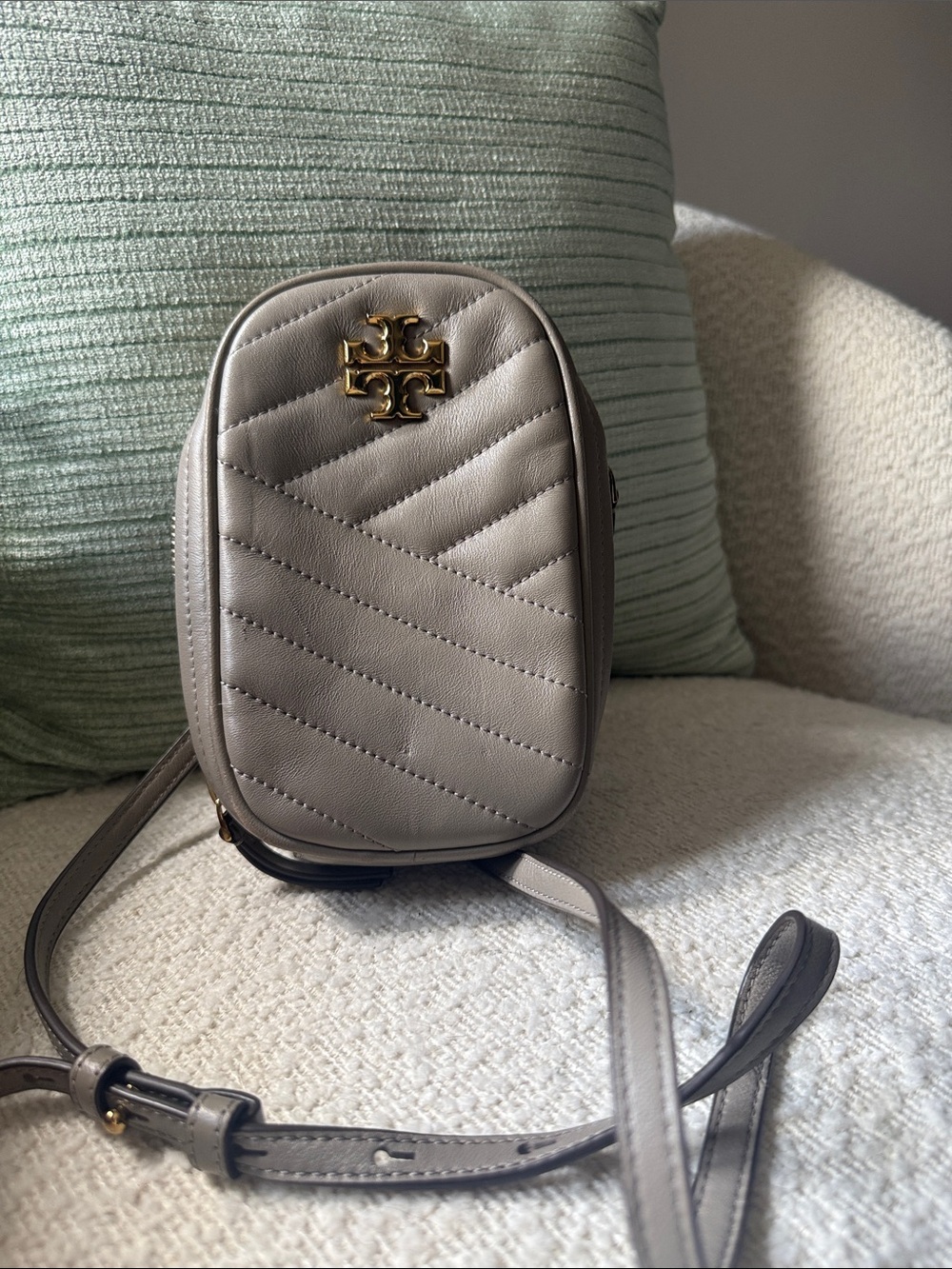 Tory Burch taupe quilted leather crossbody with gold logo